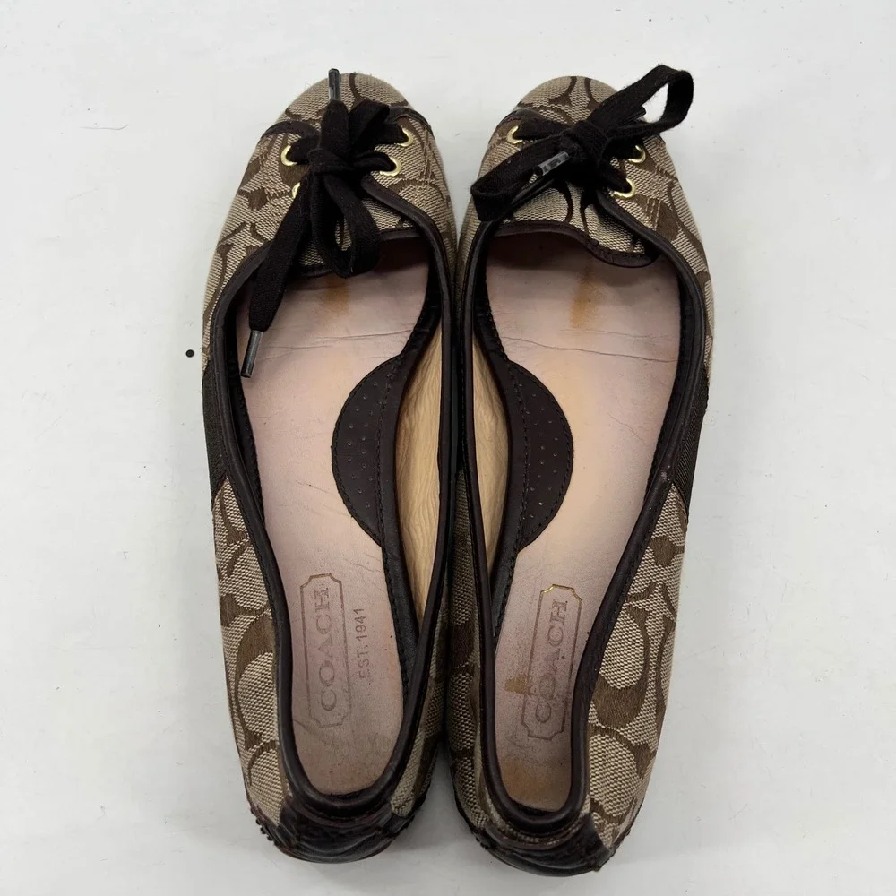 Y2K Coach Vintage Ballet Flats 7.5 Brown Monogram Lace Front Canvas Leather